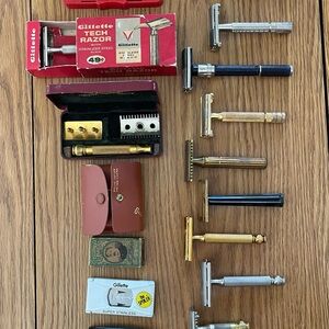 Set of antique single edge & straight edge razors and badger shaving brushes